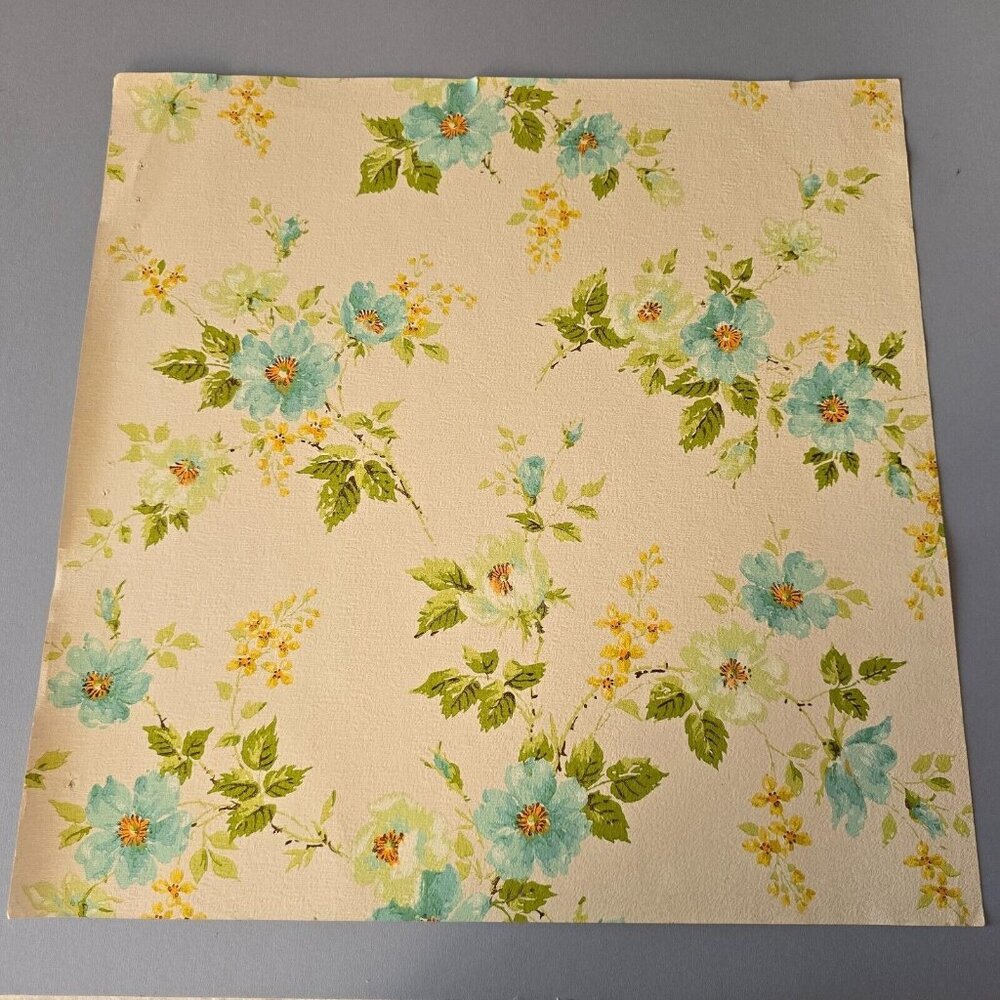 Vintage Wallpaper Sample Sheet 70s Blue Floral Cottagecore Crafting Ephemera